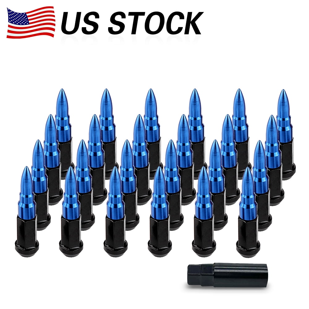 24pcs True Spike 89mm 12X1.5 Steel Lug Nuts Extended Bullet Spikes Blue