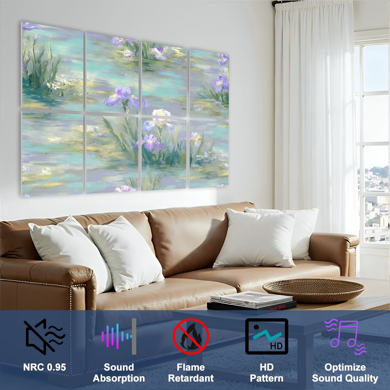 8 Pack Art Acoustic Panels Sound Absorbing Pastel Iris Flowers Serene Decorative Soundproof Wall Panels Self Adhesive for Nursery Game Room Bedroom 48"x32"