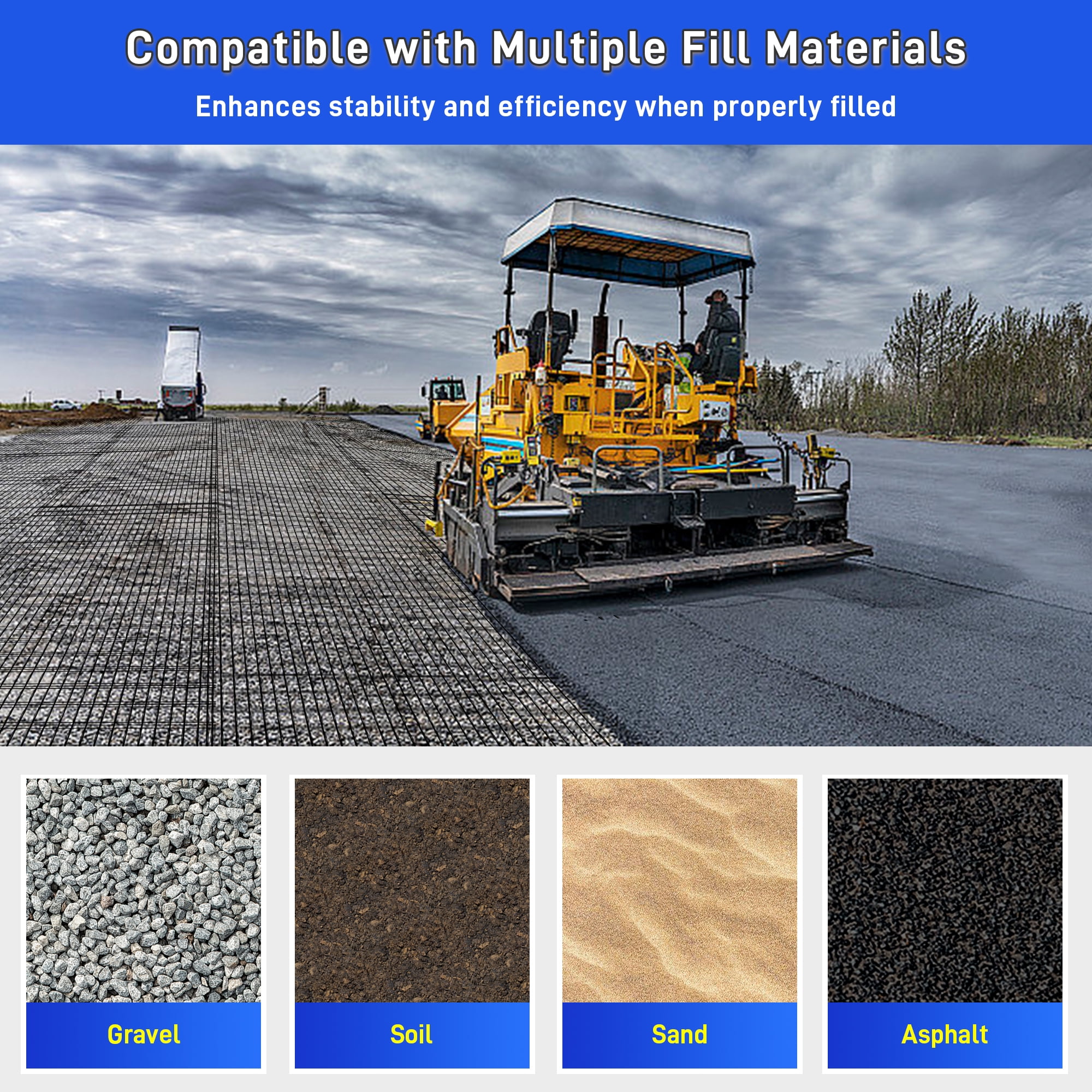 Universal Geogrid Roll Retaining Wall Fiberglass Geogrid, 3.84ft x 164ft 50KN Tensile Strength Driveway Ground Gravel Grid with Mounting Screws for Asphalt Pavement and Soil Road Slope Reinforcement