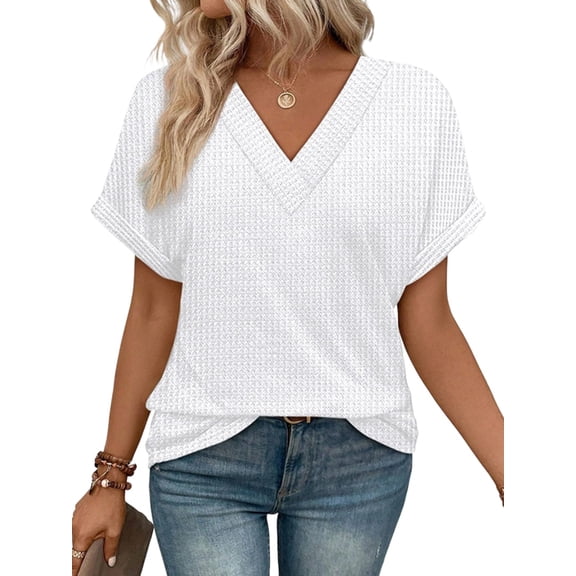 Womens Short Sleeve Sweater Waffle Knit Tops V Neck Spring Summer T Shirts Casual Blouses Outfits White M