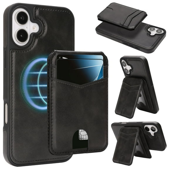 for iPhone 16 Wallet Case with RFID Blocking 5 Card Slots, PU Leather TPU 2-in-1 Detachable Magnetic Back Cover, Kickstand Drop Protective Flip Folio Case for Men and Women, Black