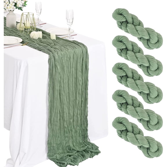 5 Packs Sage Green Table Runner, 10Ft x 35" Sage Rustic Boho Wedding Table Runner Decoration, Wedding Table Decor Table Cloth for Wedding Party Bridal Shower Table