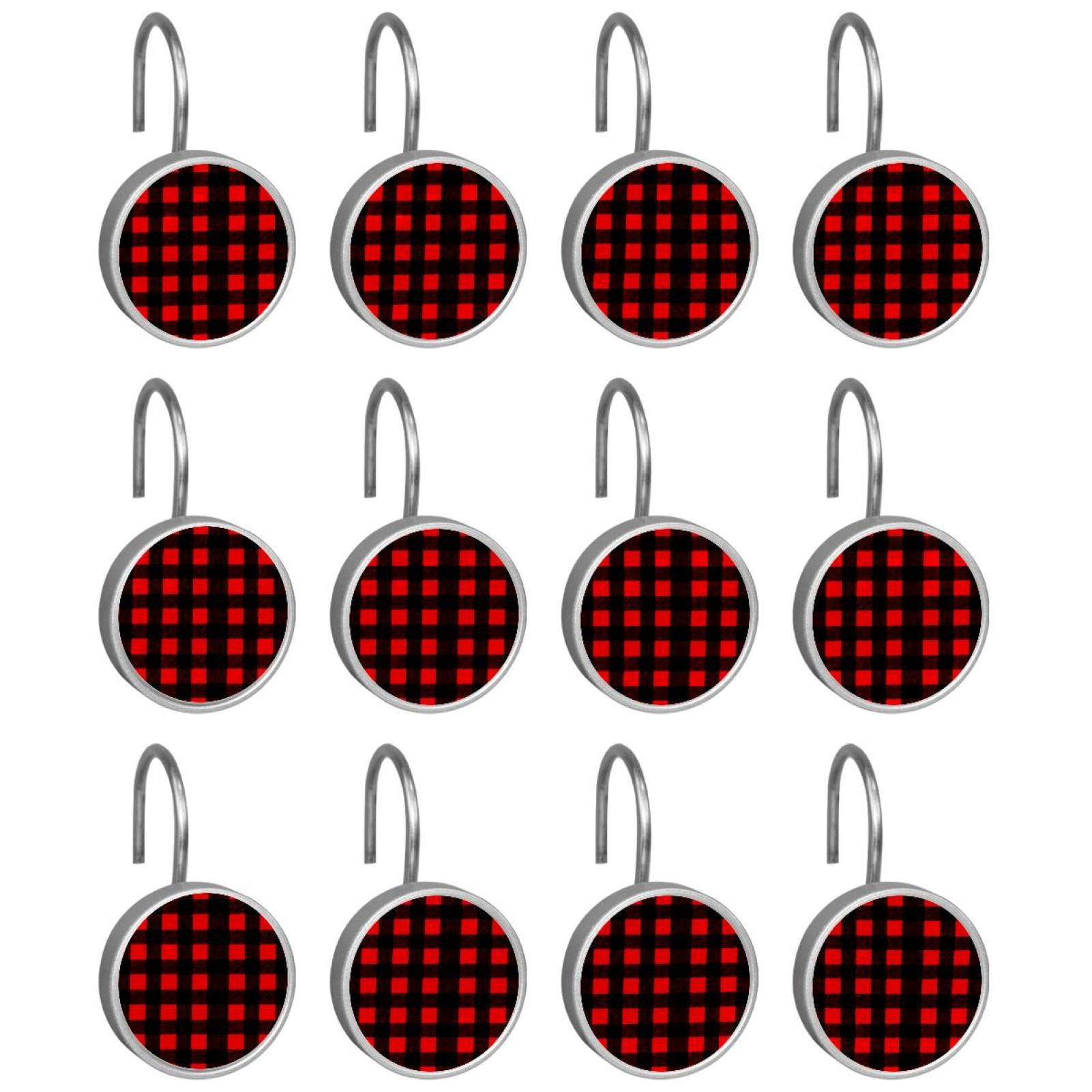 12pcs Decorative Shower Curtain Hooks, Rust Resistant Shower Rings for Bathroom Living Room,Rustproof Stainless Steel Rings for Shower Curtain and Liner Rods,Black and Red Grid