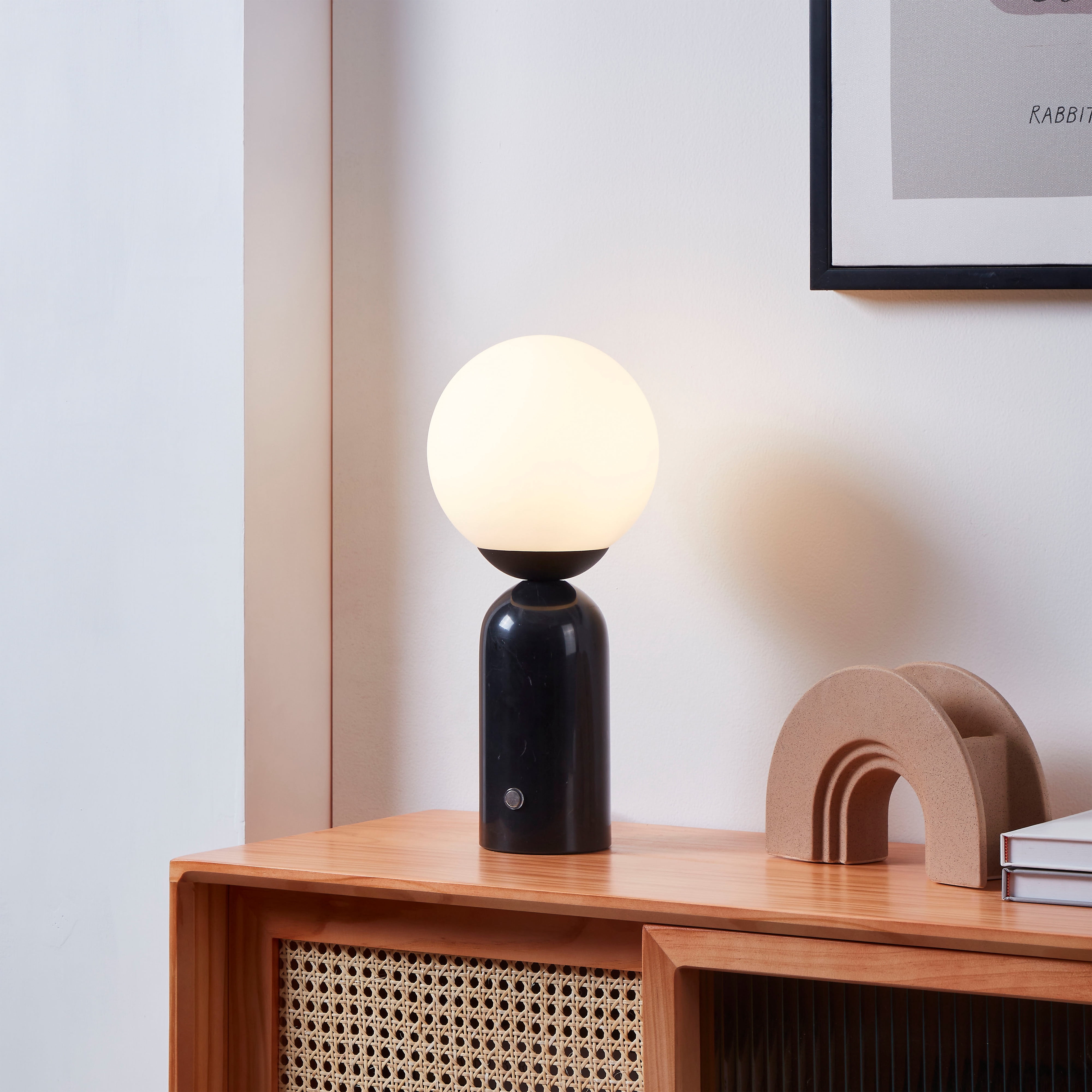 Brightech Mila Tall LED Table Lamp - Bedside Reading Light with Elegant Marble Base, Globe Lamp Shade - Modern Desk and Nightstand Lamp with Ambient Lighting for Bedroom, Living Room, Office - Black