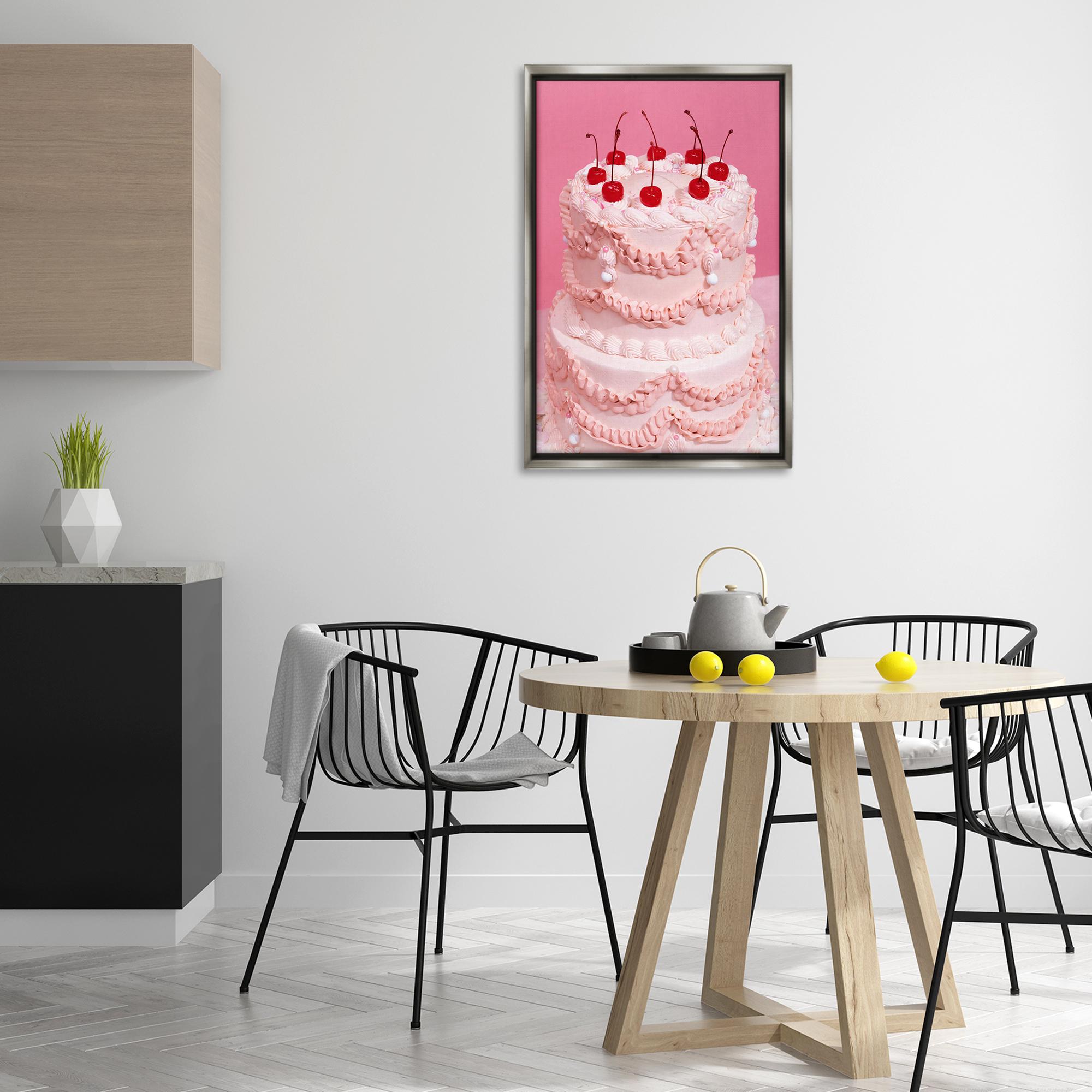 Stupell Industries Pink Cherries Cake Food & Beverage Painting Gray Floater Framed Art Print Wall Art, 21 x 31