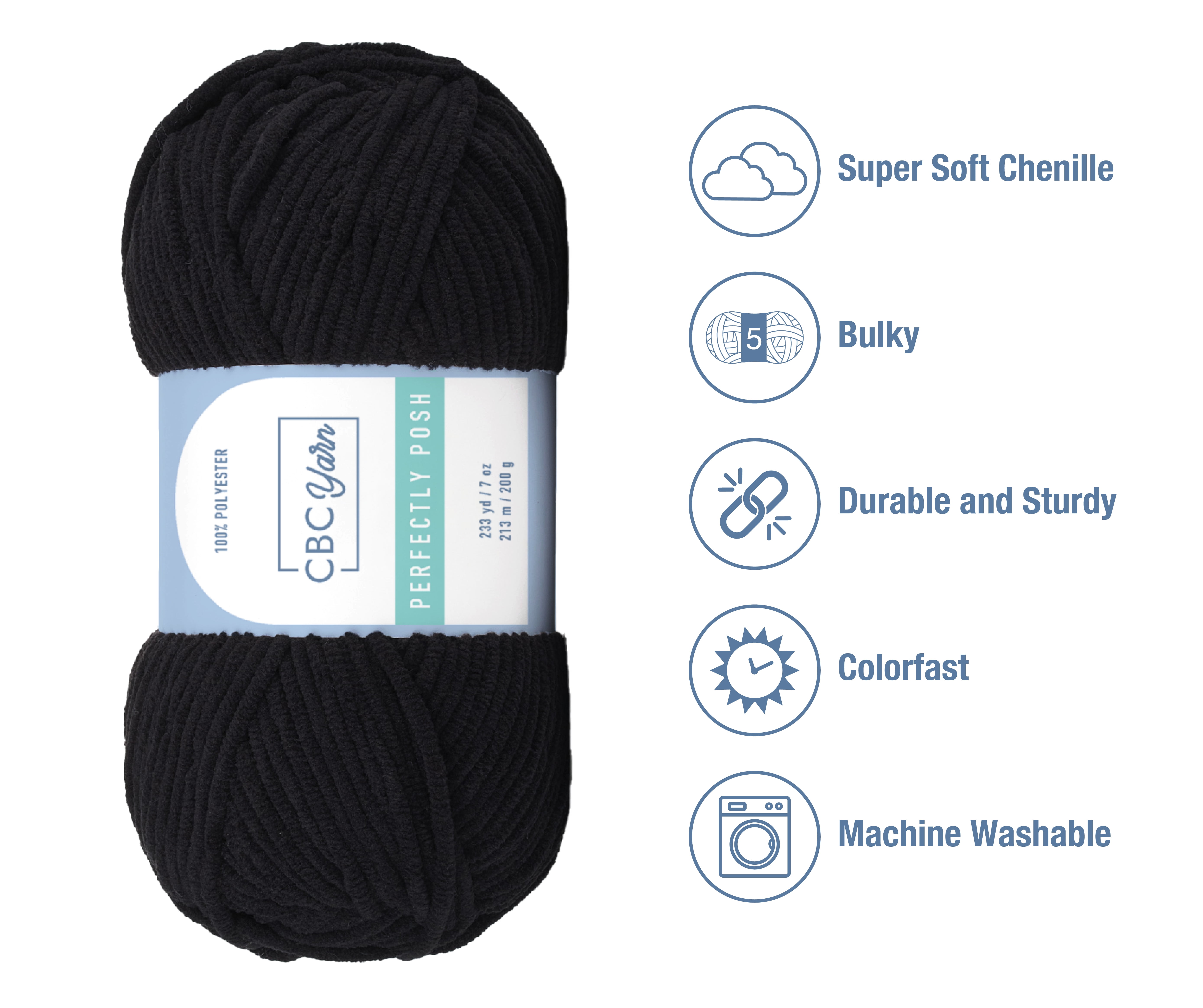 CBC Perfectly Posh Chenille Yarn for Knitting, Crocheting and Amigurumi - 2 Pack (7 oz / 200 g, 233 yards Each Skein), Black, Gauge 5 Bulky