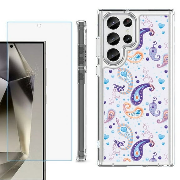 OneToughShield ® Case Compatible with Samsung Galaxy S24 Ultra, Shockproof Bumper Phone Case, with Tempered Glass Screen Protector - Paisley Purple