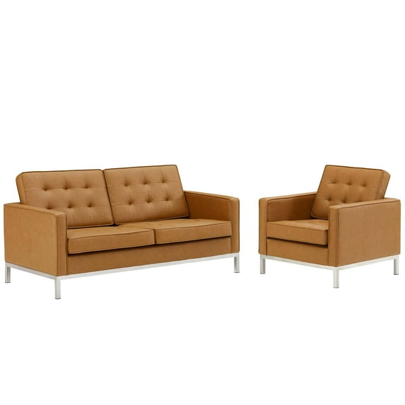 Tufted Armchair and Loveseat Sofa Set, Faux Leather, Silver Tan, Modern Contemporary Urban Design, Living Lounge Room Hotel Lobby Hospitality