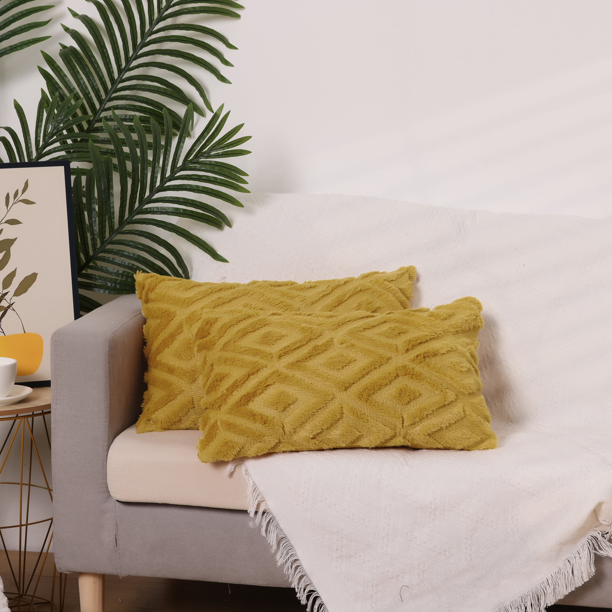 Unique Bargains Shaggy Plush Throw Pillow Covers Couch Pillow Covers (2 Count) Yellow-1 12" x 20"