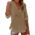 thumbnail image 5 of Womens Beach Cover Up Hooded V Neck Tunic Large Pocket Cotton Linen Long Sleeve Shirt, 5 of 8