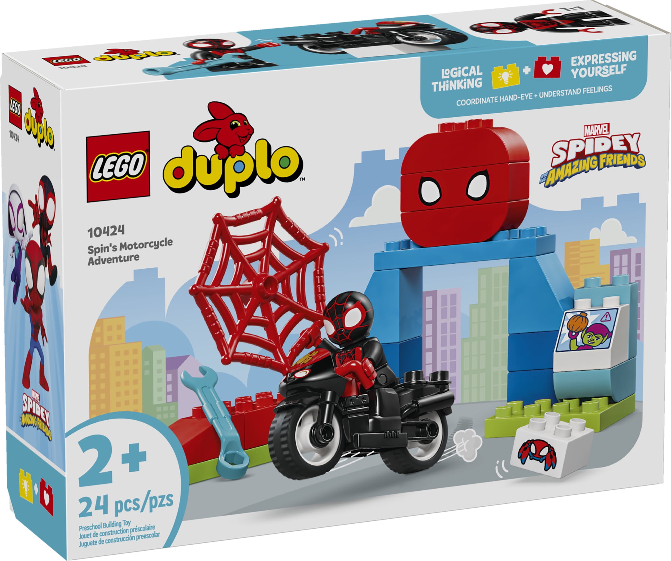 LEGO DUPLO Marvel Spin’s Motorcycle Adventure, Spidey Fantasy Playset, Motorcycle Toy with Wheels, 10424