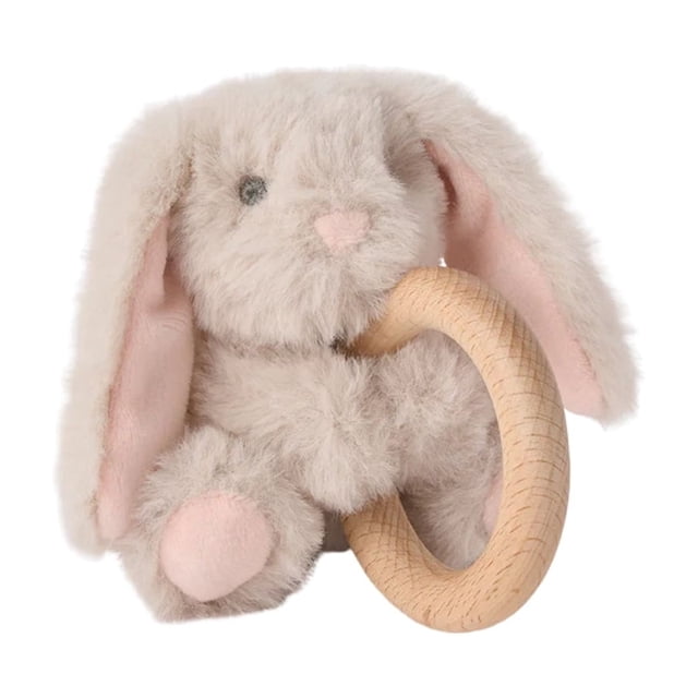 Anillo de madera Rattle Elegant con forma de conejito de peluche para bebé