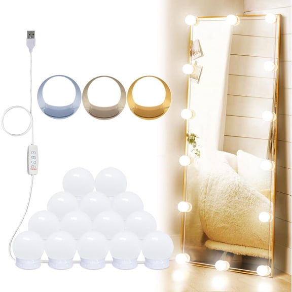 14 Bulbs Vanity Lights for Mirror,LED Makeup Mirror Lights with 3 Color Lighting Modes & Brightness Dimmmable,Hollywood Style,USB Cable,Mirror not