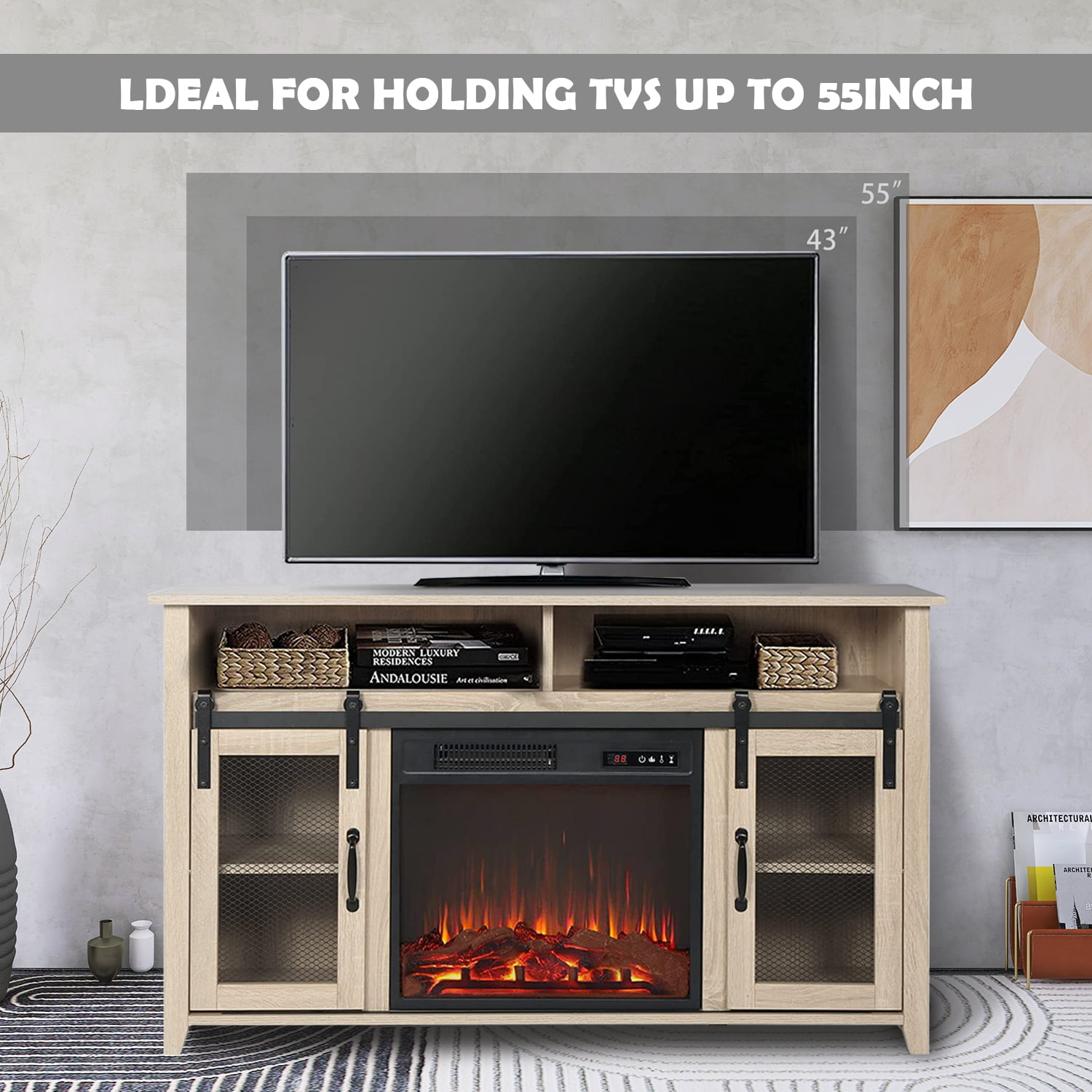 ENSTVER TV - Mueble para televisores de hasta 55 pulgadas con chimenea  eléctrica incluida. Para televisor y para dispositivos relacionados. Para  la