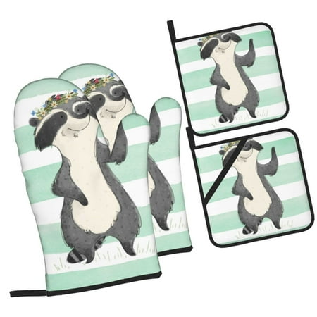 

Zeuib Cute Raccoon Oven Mitts and Potholders BBQ Gloves Kitchen Oven Glove High Heat Resistant 500 Degree Extra Long Oven Mitts and Potholder with Non-Slip Silicone Surface for Cooking
