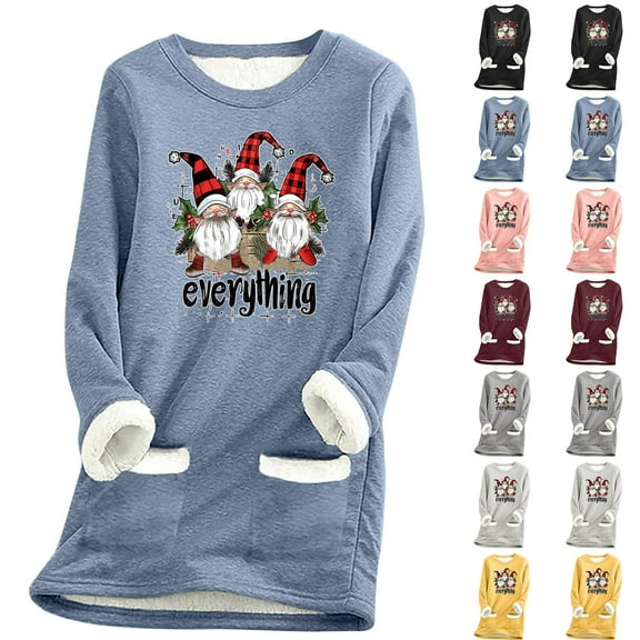 Feancey Merry Christmas Sweatshirts for Women Winter Fleece Lined Pullover Funny Casual Gnomes Print Crewneck Tops Fuzzy Thermal Loungewear Pajamas Black 3XL