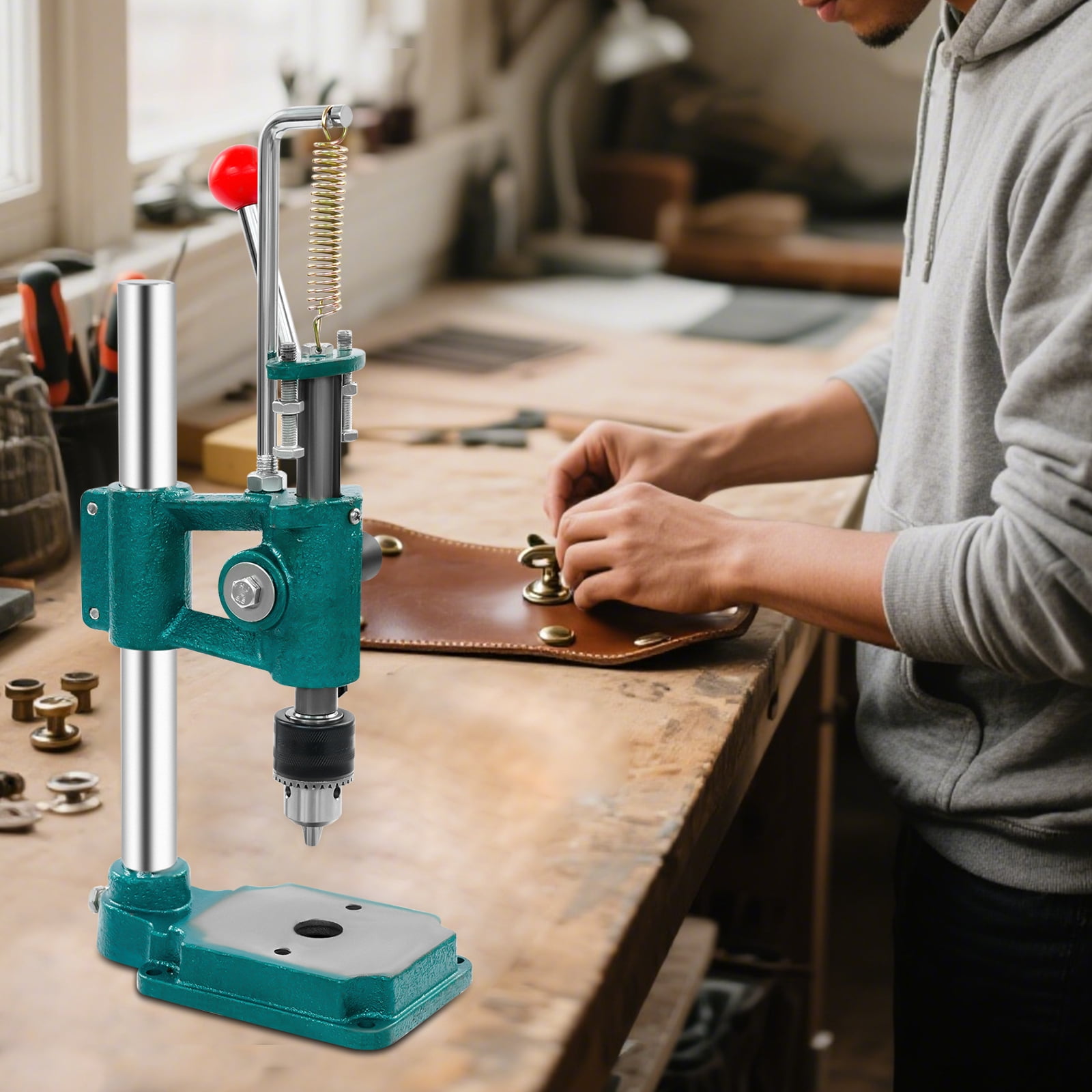 Peakora Leather Hole Puncher 352 Lbs Manual Press Puncher Heavy Duty Hand Punching Machine for DIY Leather Craft Punching Holes with 0.06-0.5in Clamping Chuck Green and Silver