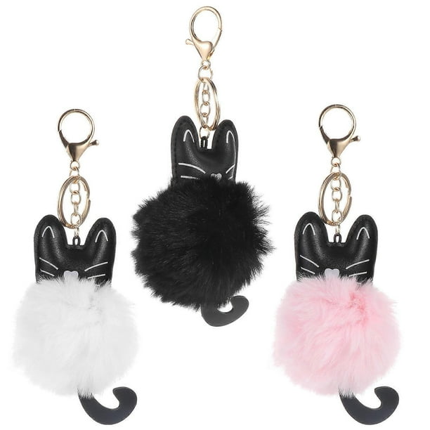 Cartoon Animal Key Chain Furry Ball Pendant For Keychain Decoration Black 3Pcs