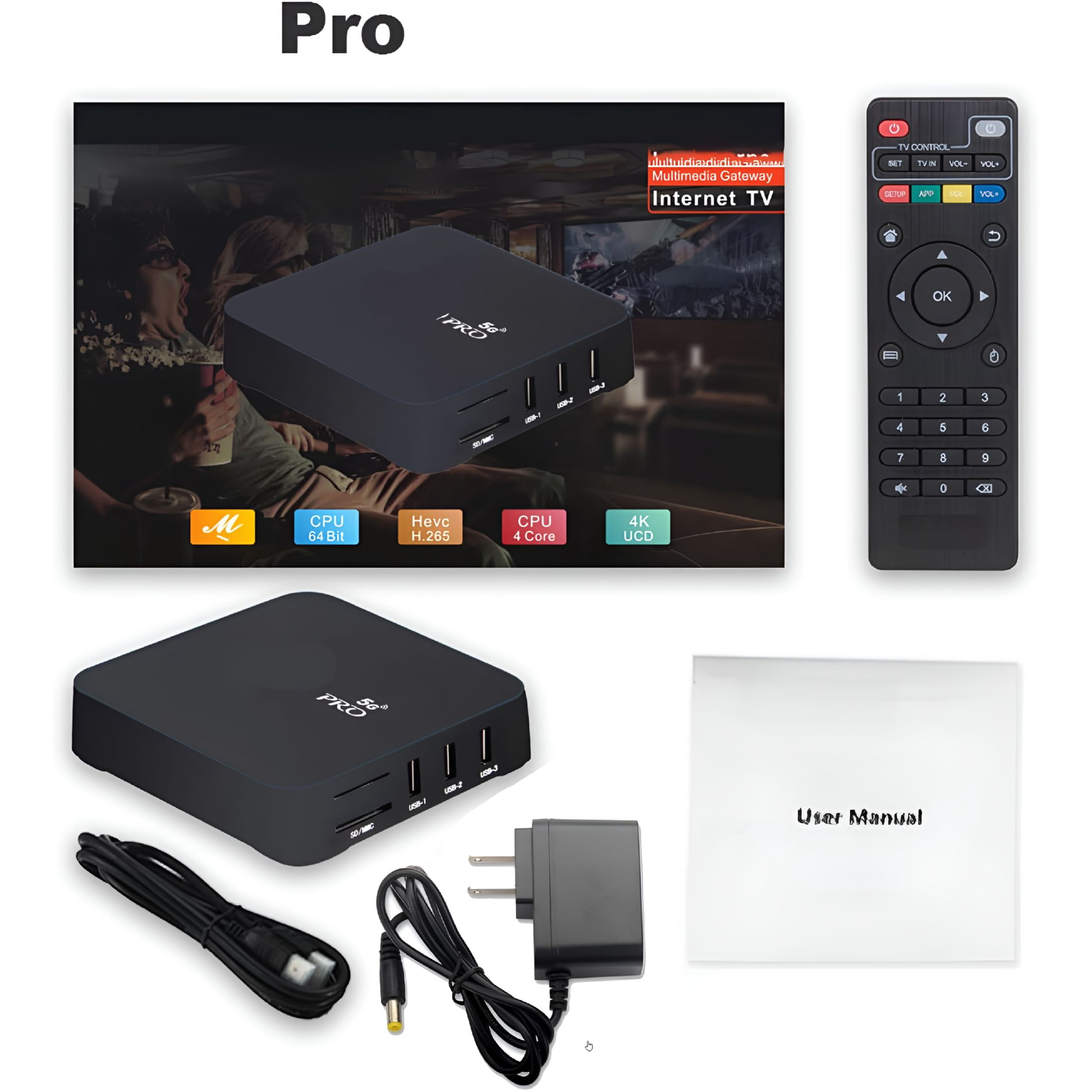 GJX Smart 4K Ultra HD Media Player WiFi Remote Control 16GB USB Home Media Player