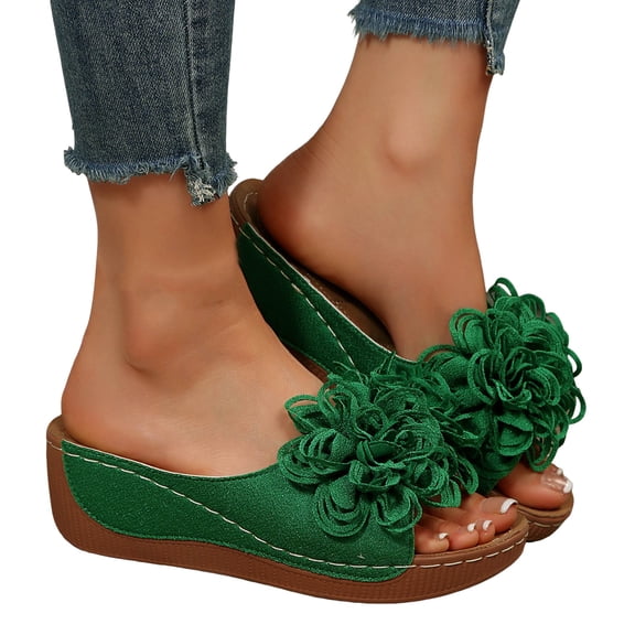 Women's Slip On Wedge Sandals Comfortable Open Toe Dress Slippers Casual Flower Wide Width Fish Mouth Beach Sandal Green Size 7.5