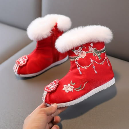 

ZMHEGW Children Shoes Cotton For Girl Winter Vintage Embroidered Cloth Plush Inside Of Hanfu Boots For Girls