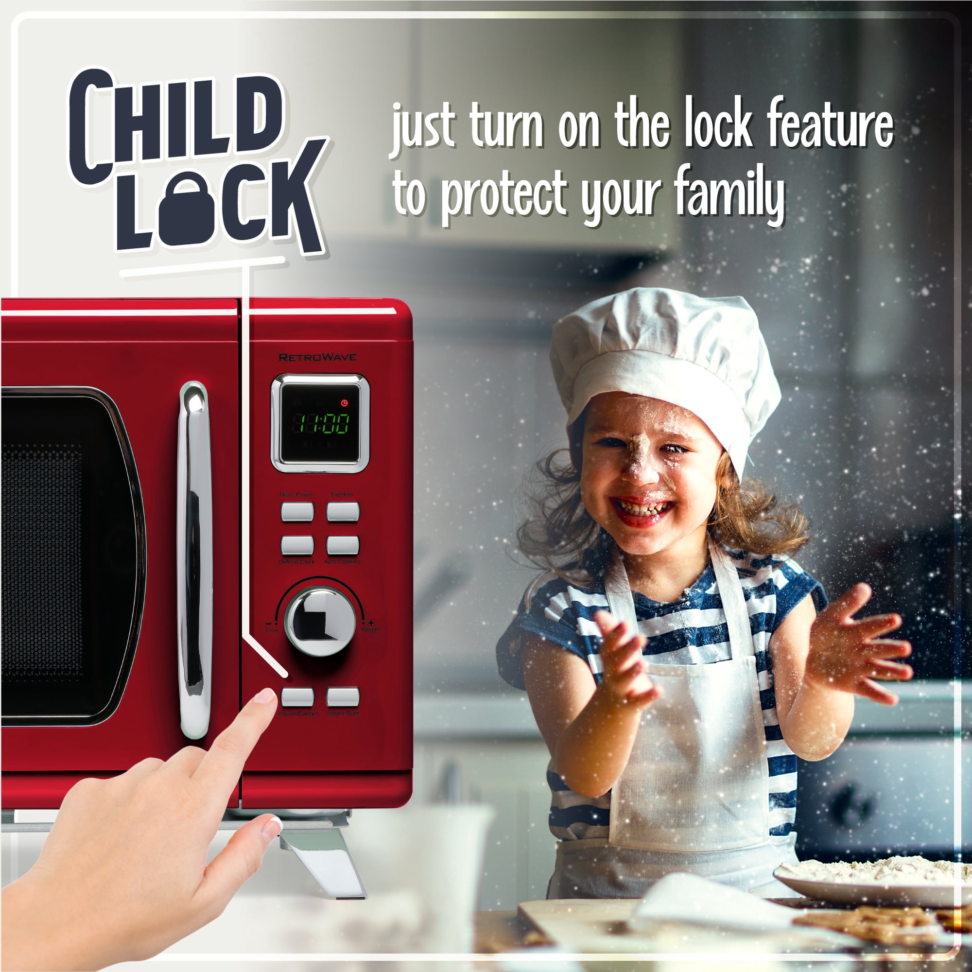 Nostalgia 0.9 cu ft Mid-Century Retro Microwave Oven, 900W Microwave Oven with LED Clock, Red