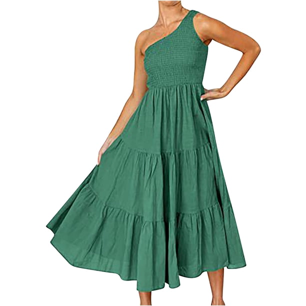 Moda Mujer Boho Verano Causal Un Hombro Sin Mangas Smocked Maxi Vestido Fridja hjkh3146