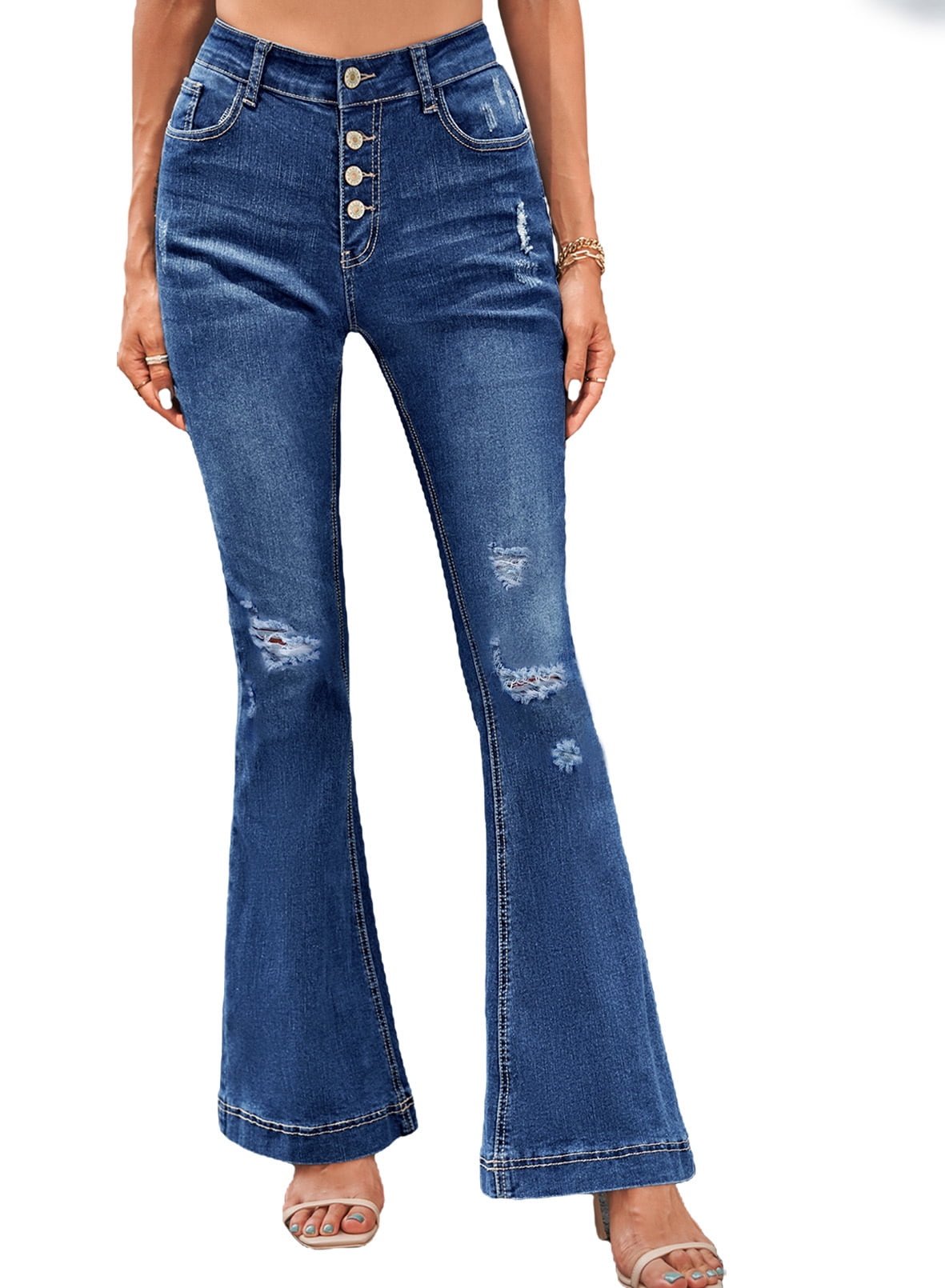 Eytino Women Flare Jeans Ripped Bell Bottom Jeans Mid Rise Fitted Denim ...