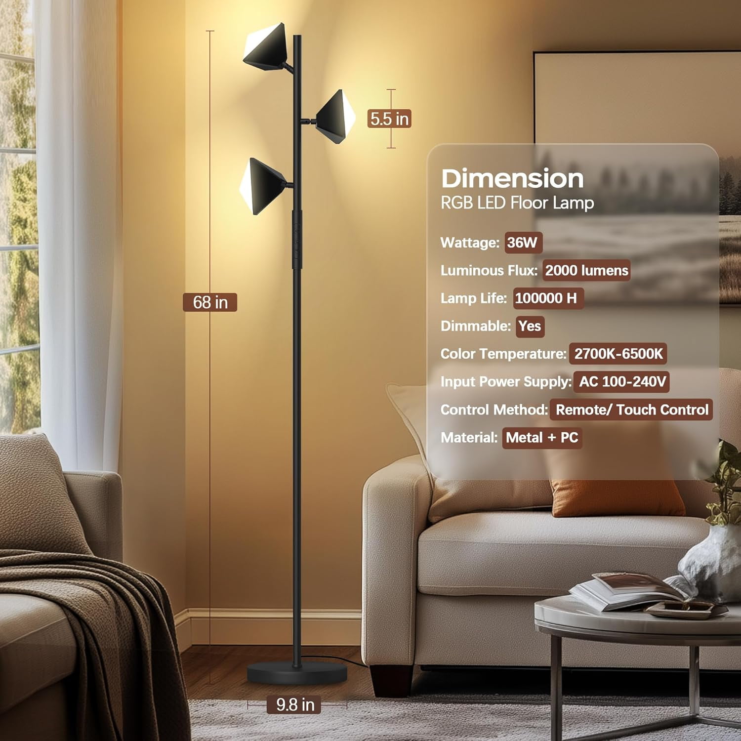 RGB Floor Lamp for Living Room, 36W LED Standing Lamp with 3 Lights, Dimmable Smart Lamp with Remote & Touch Control, Colors Changing& DIY Mode, Modern Tree Tall Lamp