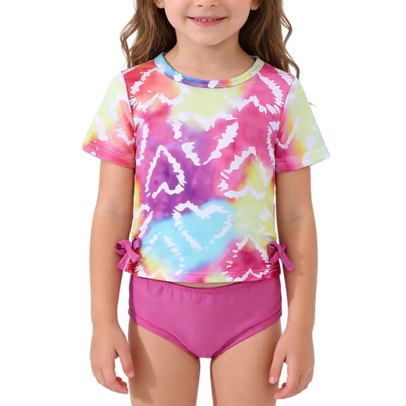 Toddler Girl Swimsuit Youth Tie Dye Heart Print Short Sleeve Top with Solid Bottoms 2 Piece Swimsuit Toddler Bathing Suit Girl Size 1-2Y