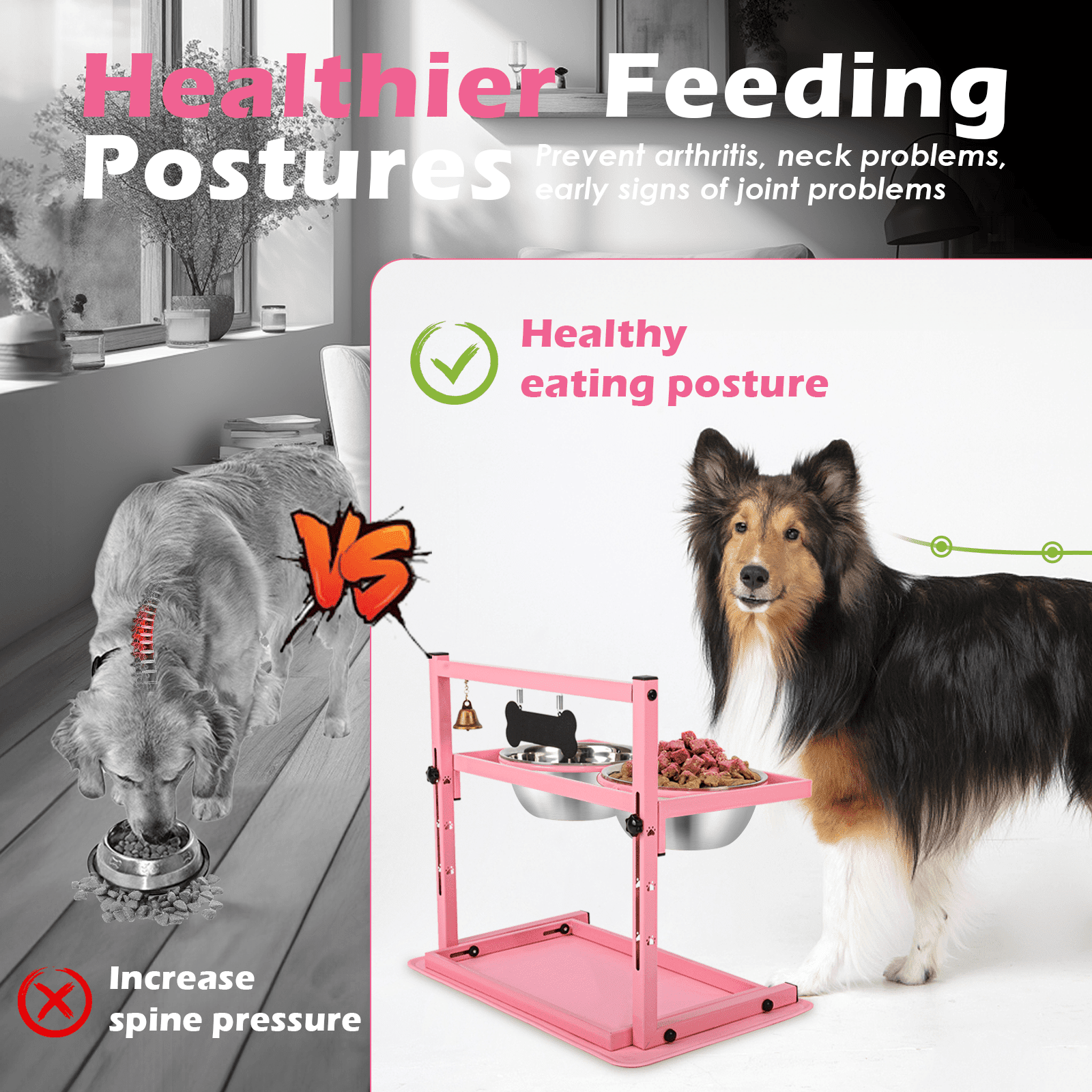 SHAINFUN Pink Raised Dog Bowl Stand with Two 1700ml Stainless Steel Food Bowl, a Slow Dog Bowls and Mat, , Height Adjustable from 4.5in to 12in