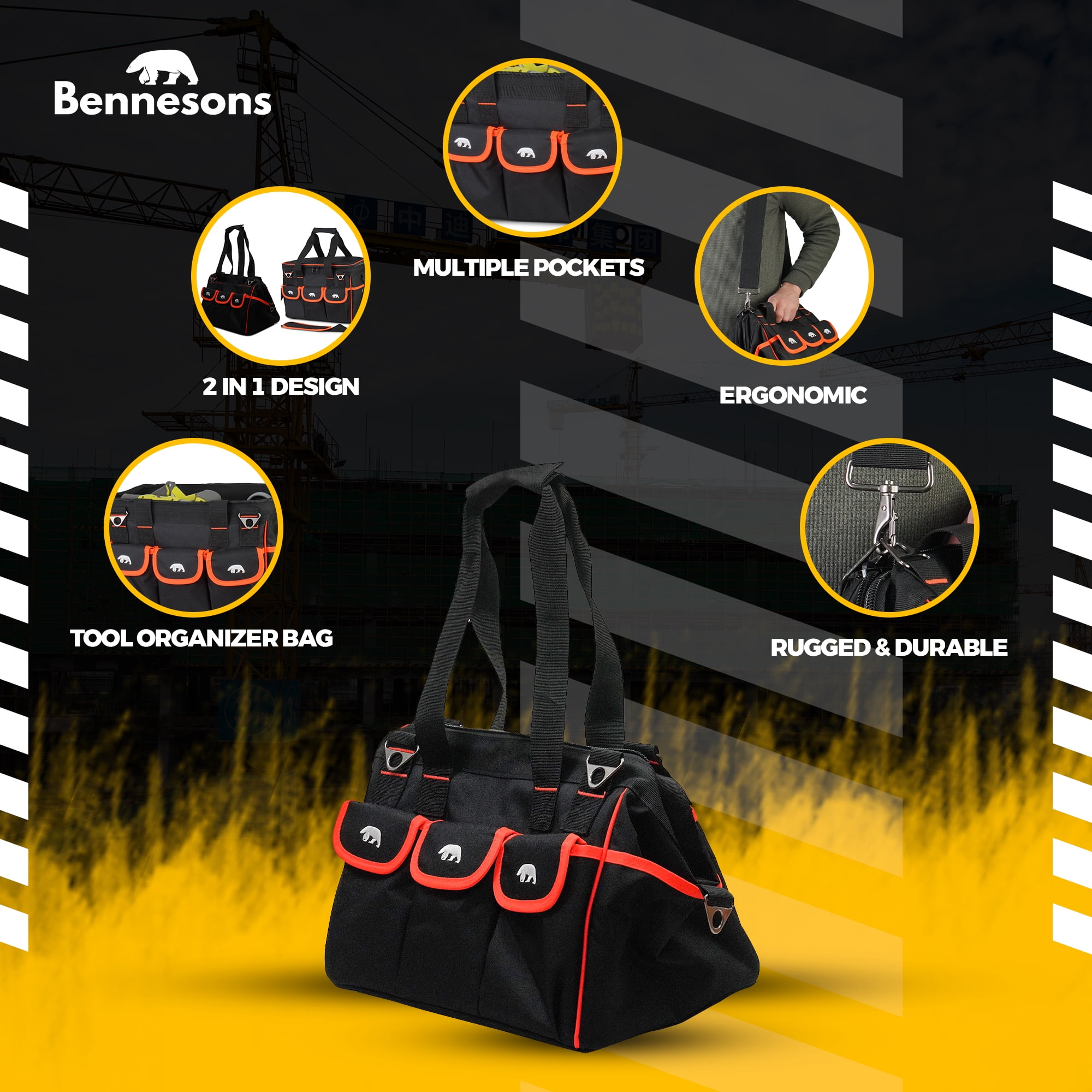 BENNESONS Worker's Pro Construction Tool Bag - 15 Inch Heavy Duty Tool Bag Organizer w/ 14 Pockets Durable Zipper - Sturdy Fabric - Comfortable Straps  Tool Storage Organizer for Home & Job Site
