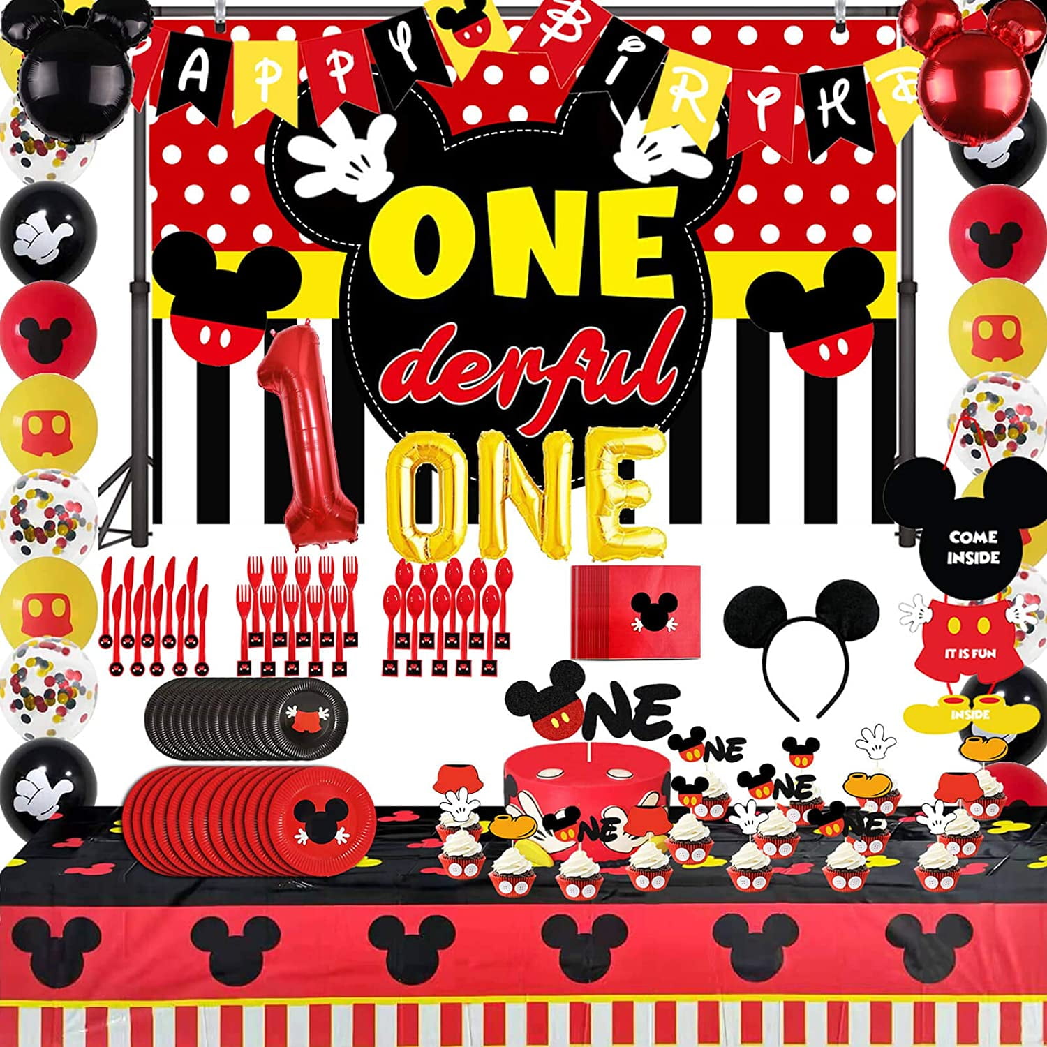 55Pcs Mickey and Minnie Themed Party Decorations Mickey Mouse 1st Birthday Party Supplies Birthday Banner,One Highchair Banner,Welcome Hanger Door Sign 12 Latex Balloon Cake Cupcake Toppers,Mickey Head Balloons