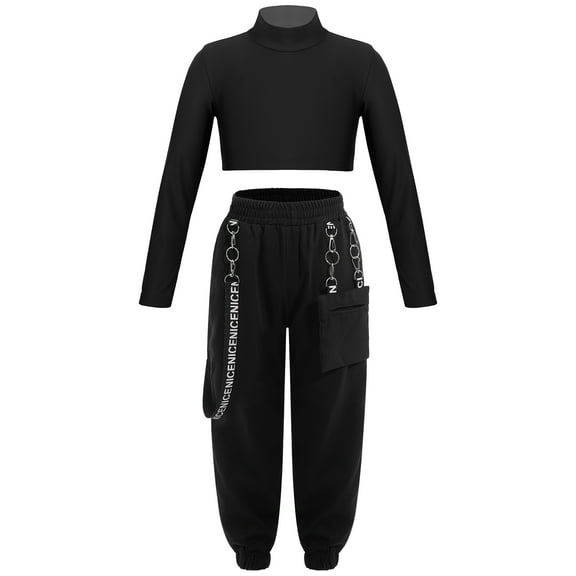 Yeahdor Girls Long Sleeve Crop Top with Chain Pocket Sweatpants Dance Outfit Hip Hop Street Dance Costume