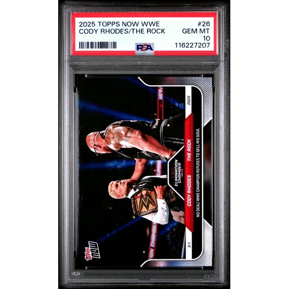 Graded 2025 Topps Now WWE Cody Rhodes/The Rock #26 Wrestling Card PSA 10 Gem Mint