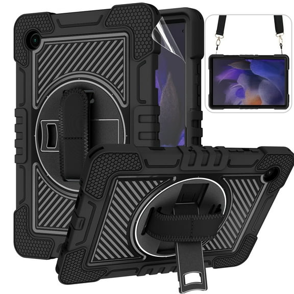 Dteck for Samsung Galaxy Tab A8 Case 10.5 Inch 2022 SM-X200/X205/X207 with Soft Screen Protector Film, Heavy Duty Protective Case with Rotatable Stand Hand Shoulder Strap for Galaxy Tab A8,Black