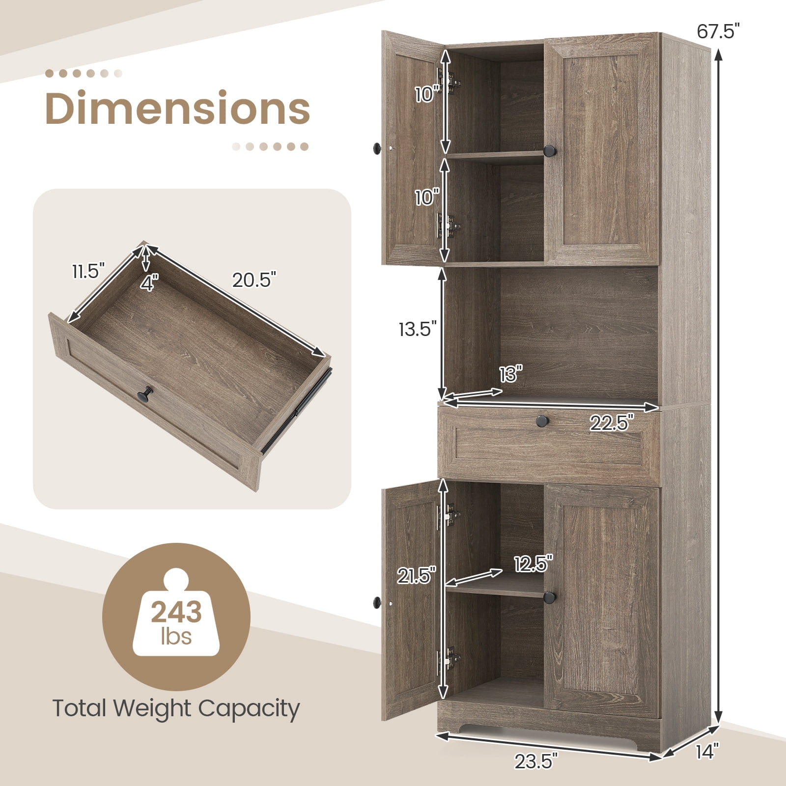 Gymax 67.5'' Kitchen Pantry Cabinet w/4 Doors 1 Drawer Open Countertop Adjustable Shelf Gray Oka