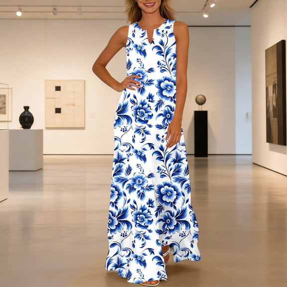 Uscallm Women's Plus Size Summer V Neck Sleeveless Boho Floral Flowy Maxi Dresses Elegant Beach Vacation Long Sundresses, Multicolor 3XL