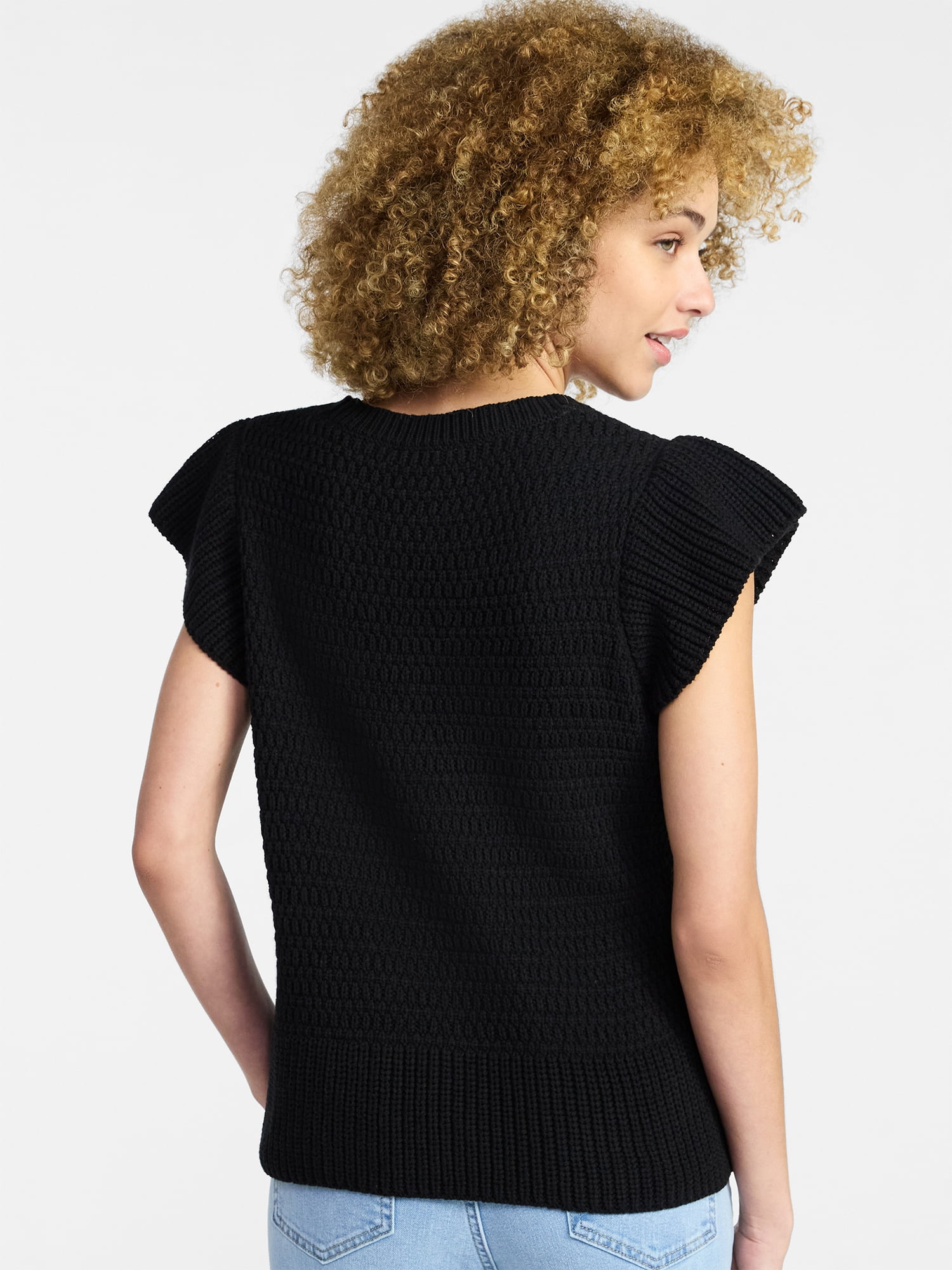 Time and Tru Women's Textured Sweater with Short Flutter Sleeves, Lightweight, Sizes XS-XXXL
