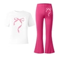 thumbnail image 6 of Xdegoge Girls Outfit 2 Piece Short Sleeve Crewneck Graphic Cute T Shirt and Bell Bottom Flare Pants Set Casual First Day Of School Daily Sets 2-14 Years, 6 of 7