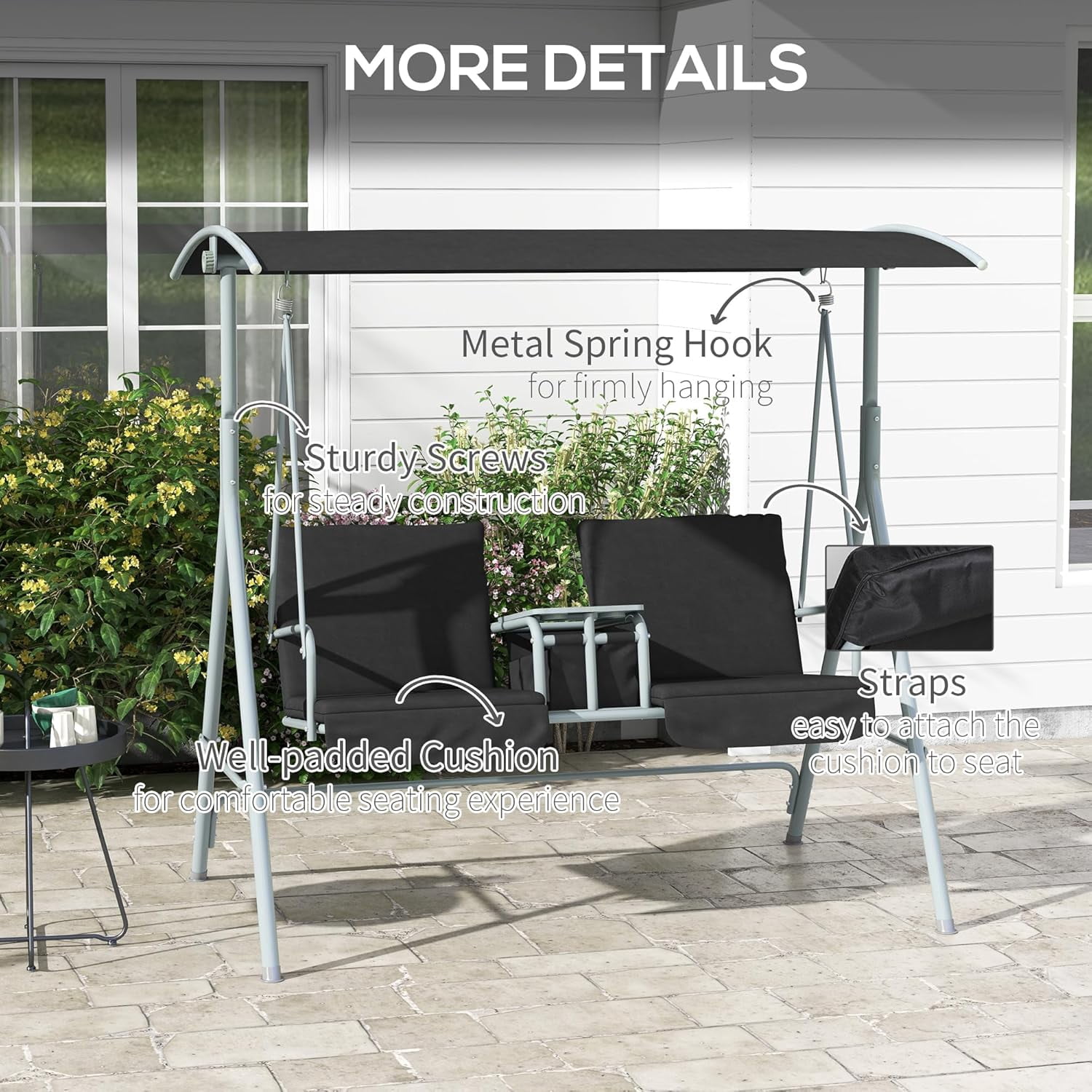 JessieMal 2 Person Porch Swing with Stand, Outdoor Swing with Canopy, Pivot Storage Table, 2 Cup Holders, Cushions for Patio, Backyard, Black