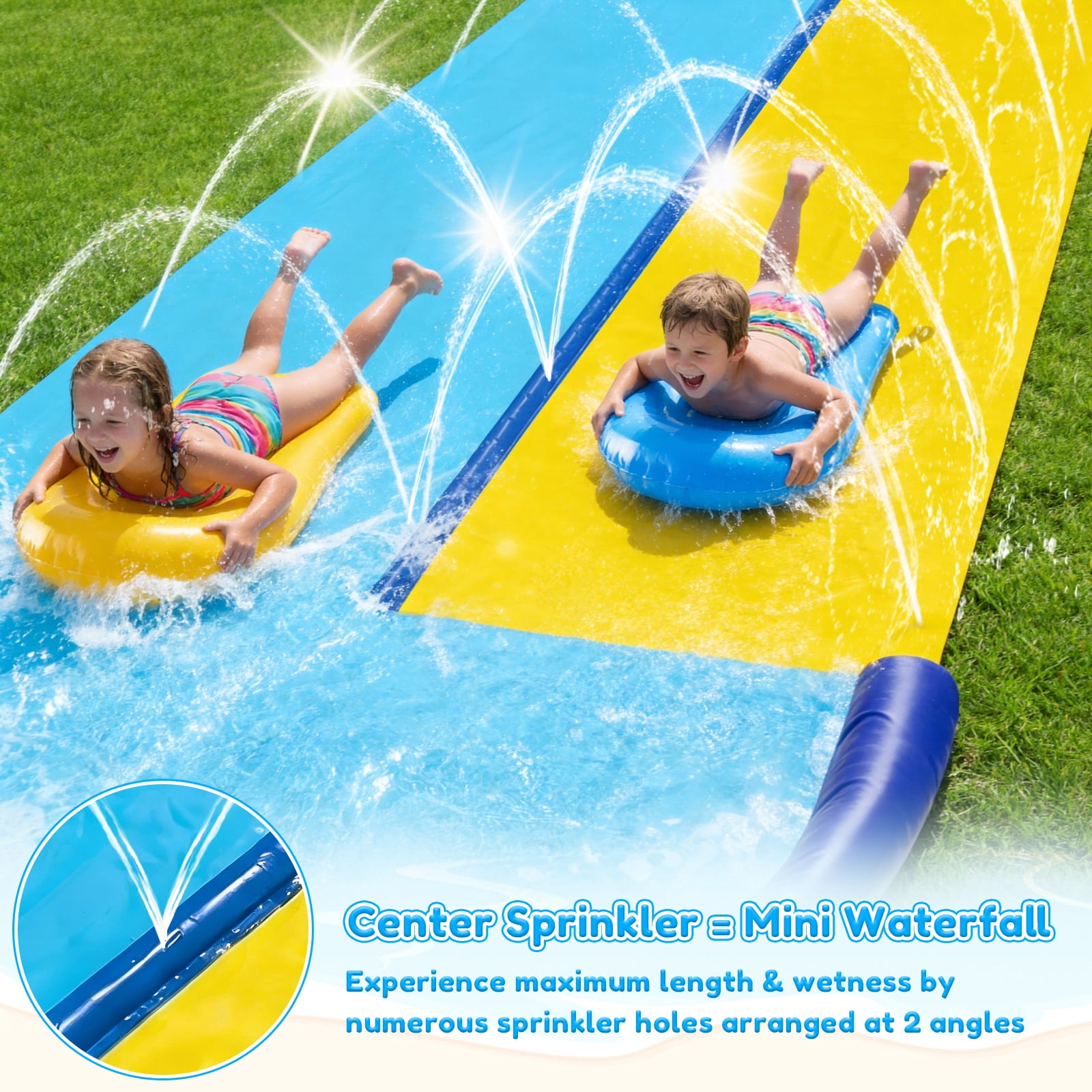 Teblint 22.3FT Double Lawn Water Slides, Heavy Duty Water Slip Splash Pad with Built in Sprinkler & 2 Bodyboards for Backyard Outdoor Water Fun Toys for Kids Adults