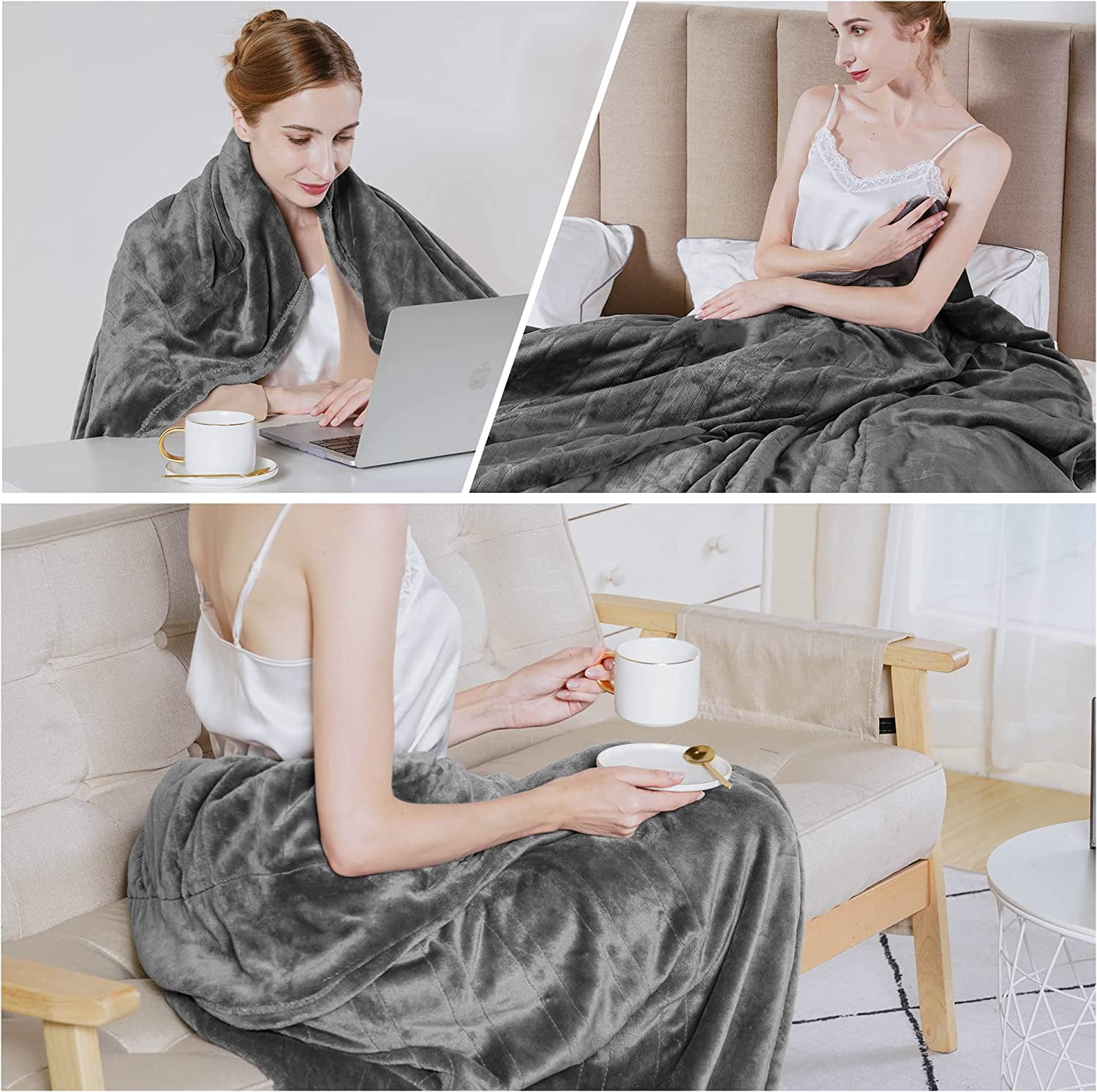 CozyHom Heated Electric Throw Blanket, Electric Throw 50"x 60" Double-Layer Flannel with 4 Hours Auto-Off 4 Heat Settings ETL Certified For Home & Office, Grey