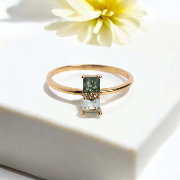 DBESTSTUDIOS 5 MM /Square Cut Moss Agate Engagement Ring Vintage Solid Gold Ring Unique Cluster Square Cut Aquamarine CZ Diamond Wedding Ring Gift For Family