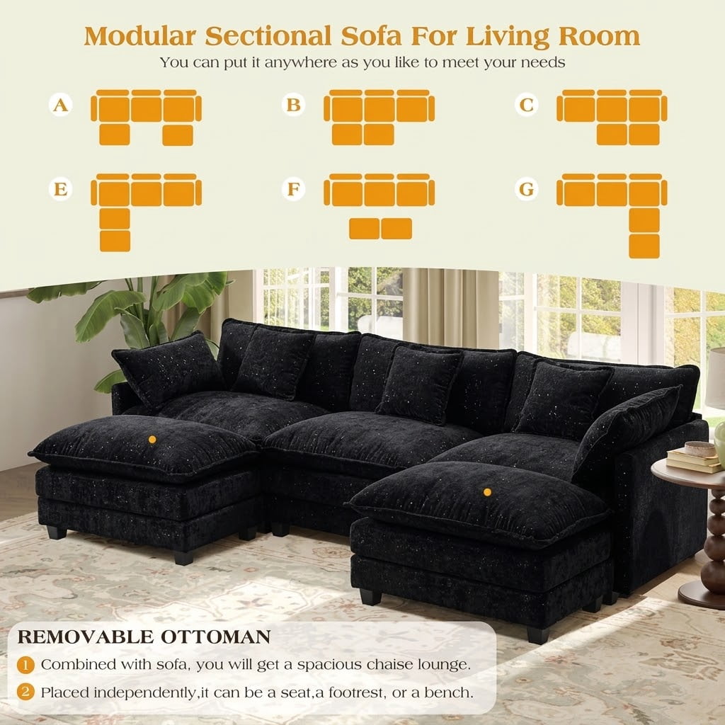 Howcool Cloud Couch Modular Sectional Sofa 3 Seat 113" U Shaped Convertible Couch Chenille Thick Cushion with Ottoman, Removable & Washable Cover for Living Room, Black