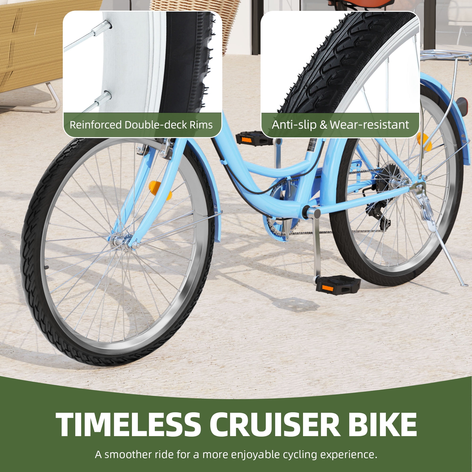 Uforic 26" Beach Cruiser Bike for Women, 7-Speed Adjustable Seat Bike Bicycle for Adult City Commuter, Blue