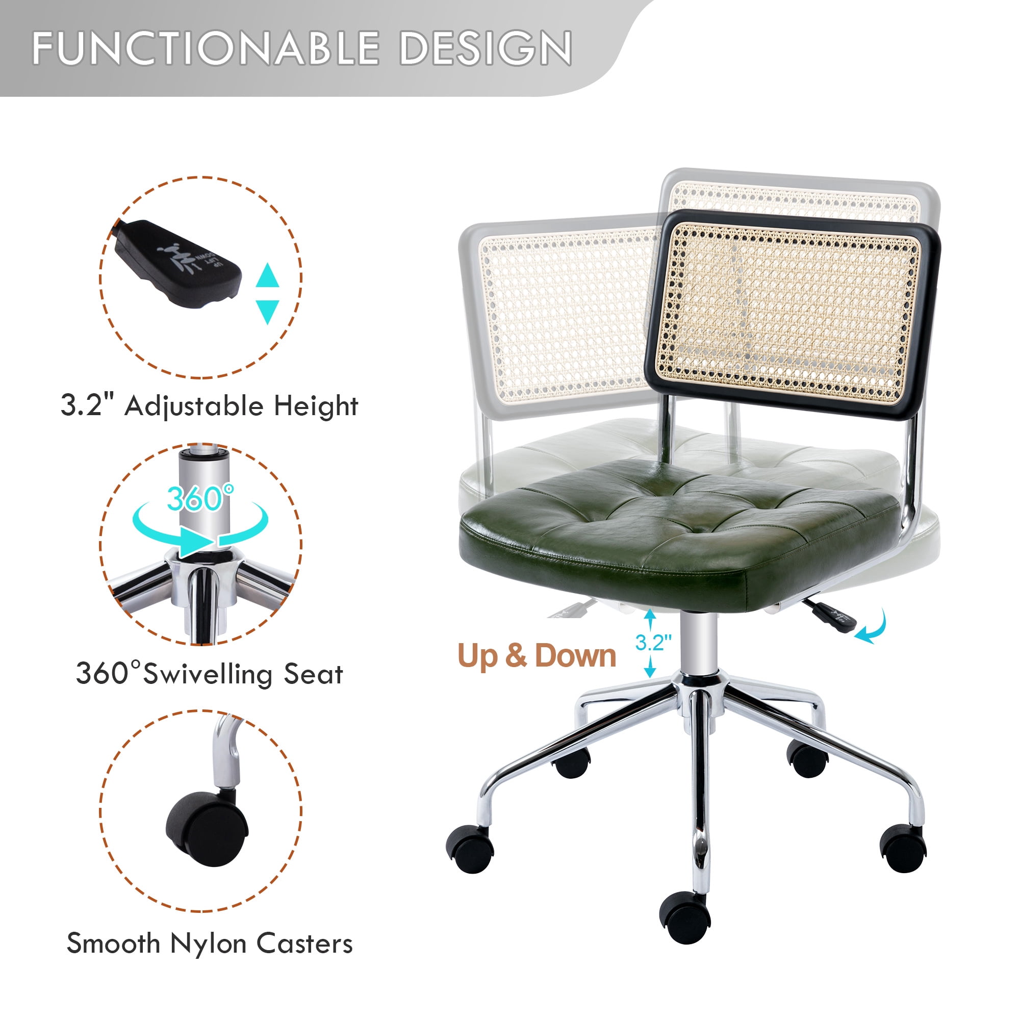 Zesthouse Mid Century Faux Leather Home Office Chair with Rattan Back, 360° Swivel Upholstered Desk Chair on Wheels, Tufted Computer Task Chair for Living Room & Office Room, Green