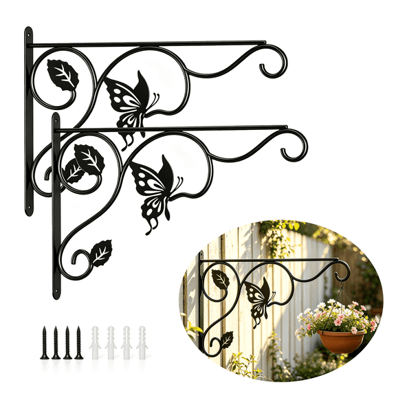 GASIKGOYINE Black Iron Wall Mount Plant Hangers with Heavy Duty Design for Bird Feeders, Planters, Lanterns, Wind Chimes, 2 Count
