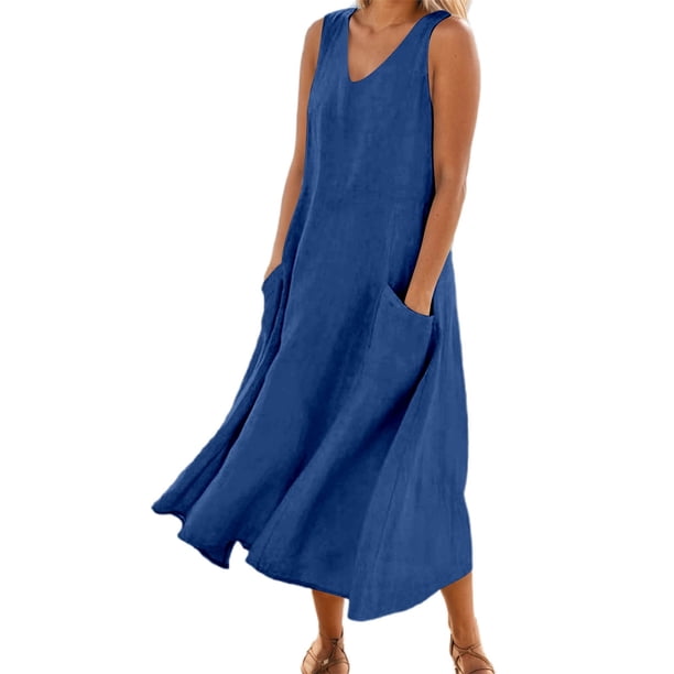 Vestido largo sin mangas con cuello en V y color liso para mujer: corte holgado, bolsillos, vestido informal cómodo para el día a día.