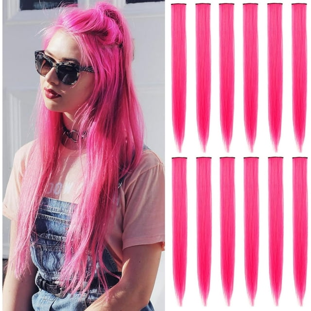 LAICAIW Rallonges de Cheveux Colorées de 22 Pouces, Postiche Lisse, Mèches de Fête Multicolores à Clipser, Rallonges de Cheveux Synthétiques (12 Pcs Rose Vif)